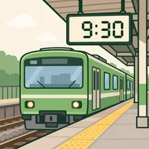 A train at the station with an arrival time of 9:30.