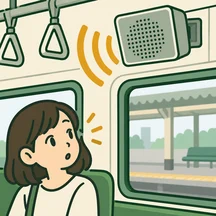 An overhead train speaker broadcasting a next-station announcement.