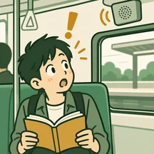 A traveler looks up from a book in surprise after hearing the next-station announcement.