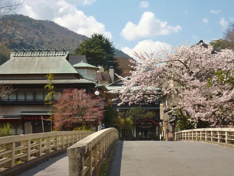 Traditional buildings and cherry blossoms beside Yumoto Bridge in Hakone-Yumoto Onsen