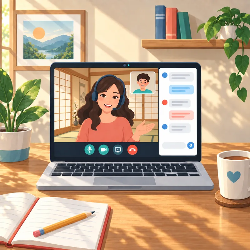 An illustrated teacher with a traditional Japanese room background and a student learning together on a video call