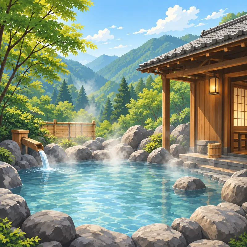 A tranquil outdoor Japanese hot spring surrounded by nature