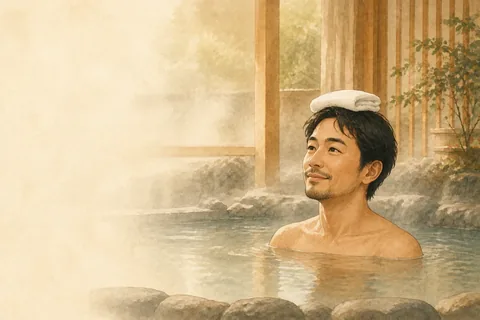 A towel kept out of the onsen bathwater.