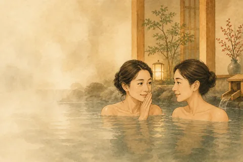 Onsen visitors keeping their voices quiet.