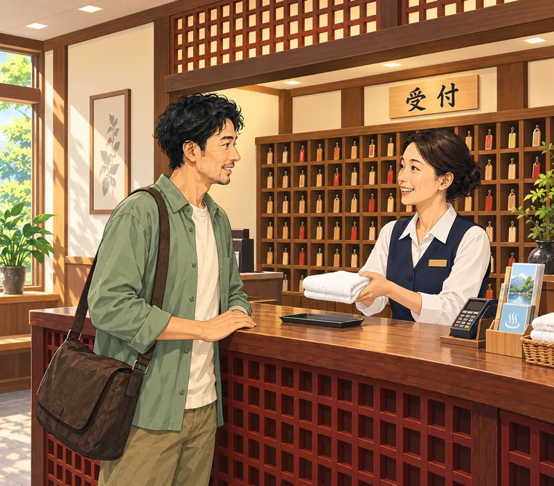 A male guest receives a towel from a female onsen employee behind a wooden lattice reception counter, with key storage, a payment terminal, and a reception sign.