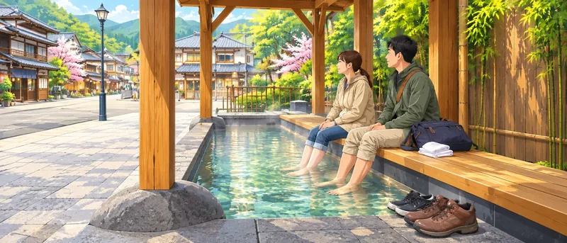 Vivid illustration of two visitors soaking their feet beneath a wooden shelter beside a traditional Japanese onsen-town street.