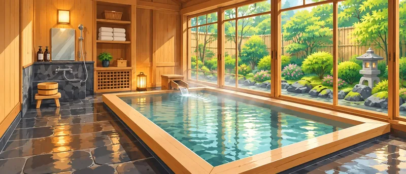 Vivid illustration of a wooden indoor onsen with a rectangular bath, a washing area, and windows overlooking a green Japanese garden.
