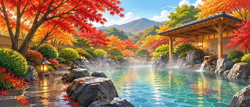 Vivid illustration of a steaming outdoor stone bath with red and orange maple trees, a lantern, distant mountains, and a wooden shelter.