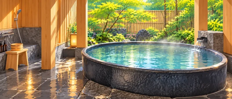 Vivid illustration of a secluded private onsen with a round ceramic tub, a washing area, and a lush green courtyard.