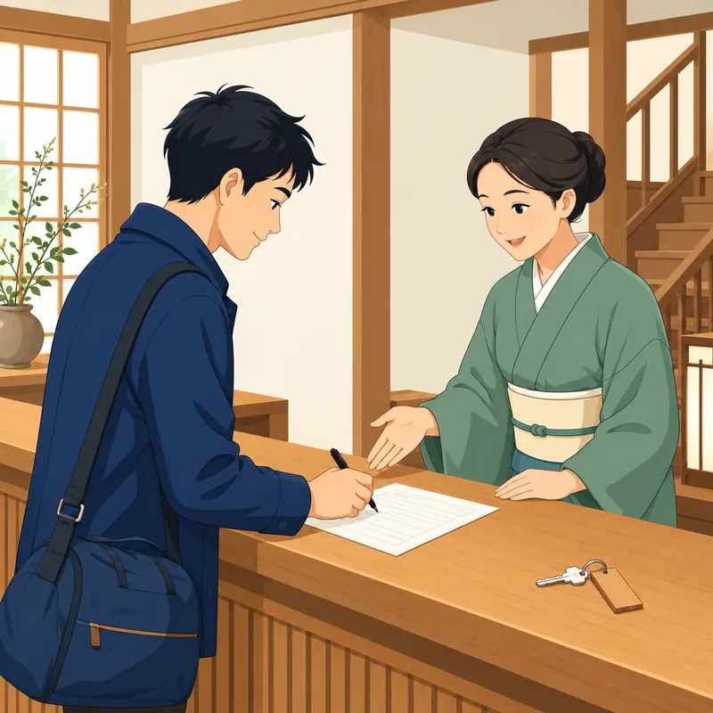 Vector-style illustration of a guest filling in a reservation form while checking in with staff at a traditional Japanese ryokan.