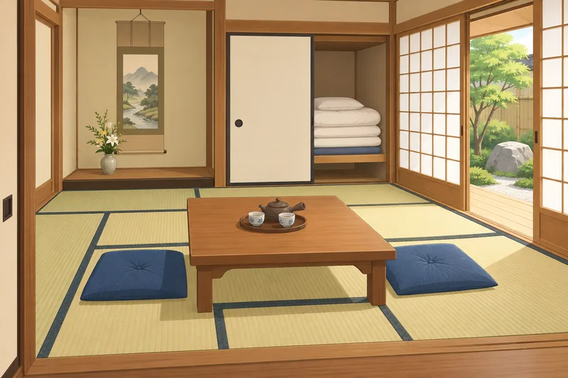 畳、低い木のテーブル、急須と二つの湯のみ、二枚の青い座布団がある旅館の和室。左の床の間には掛け軸と花びん、奥の押し入れには畳んだ布団と枕があり、右の障子の向こうに木と大きな石のある庭が見えます。人はいません。