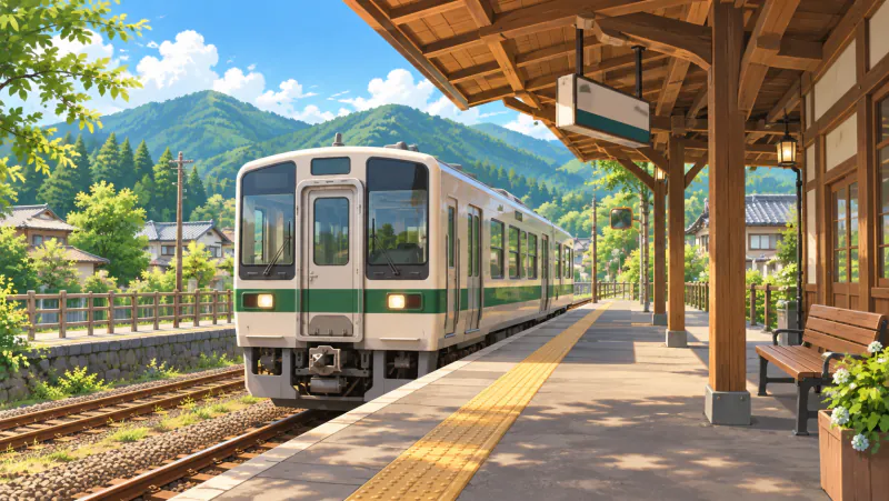 A local train at a wooden Japanese station platform surrounded by green mountains