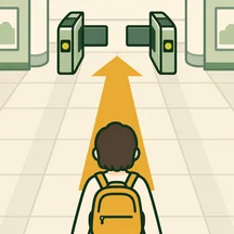 A traveler walking straight ahead toward the ticket gates.