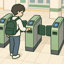 A traveler using a ticket at the station ticket gates.